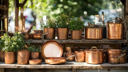 Rustic Outdoor Market Display with Copper Pots and Green Plants