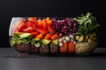 A glass bowl filled with a variety of vegetables and nuts