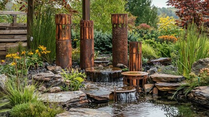 Fototapeta premium Rustic Outdoor Scene with Copper Accents and Tranquil Water Feature