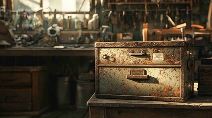 Rustic Scene Featuring Dented Metal Toolbox in Workshop Setting