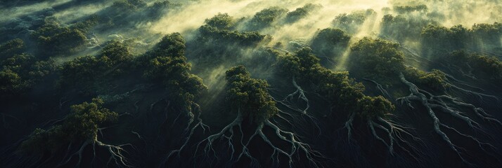 Obraz premium Aerial View of Mangrove Trees in Morning Mist