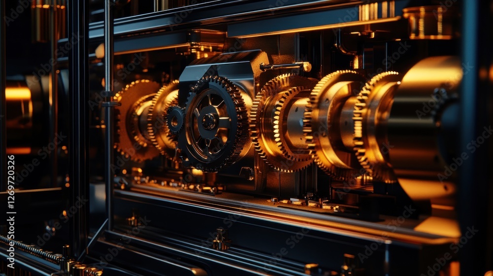 Poster intricate golden gears in a dark mechanical device