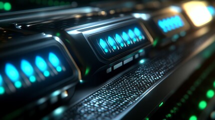 Obraz premium A computer server with many small dots of blue light