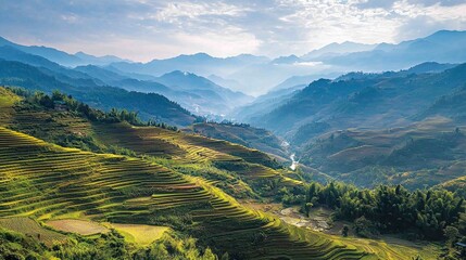 Scenic View of Terraced Fields Carved into Mountainous Landscape
