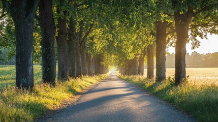 Scenic Rural Road Lined with Trees at Golden Hour Serenity