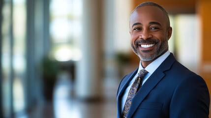 Fototapeta premium Portrait of a smiling happy business man in the office wearing a blue suit and a tie, blurred background.