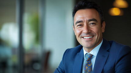 Fototapeta premium Portrait of a smiling happy business man in the office wearing a blue suit and a tie, blurred background.