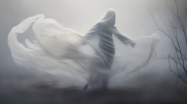 Ethereal ghostly figure amidst thick mist. Neural network AI generated
