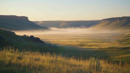 Serene Early Morning Landscape with Soft Mist Over the Valley