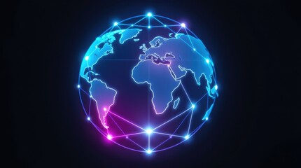 Global network: A glowing representation of Earth connected by a network of nodes and connections. Data flow.