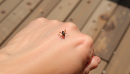 Obraz premium Mosquito crawling on human hand against wooden background
