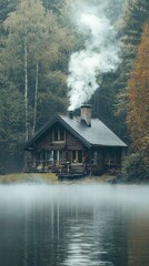 Fototapeta premium Serene Lakeside Cabin with Rustic Exterior and Peaceful Surroundings