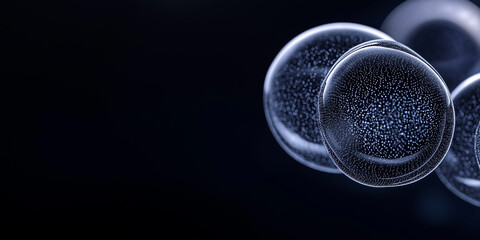 A close up of three spheres of varying sizes, with a black background