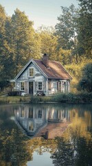 Obraz premium Serene Lakeside Cottage Surrounded by Nature's Beauty