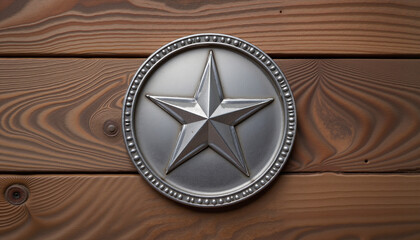Metal star emblem on wooden background