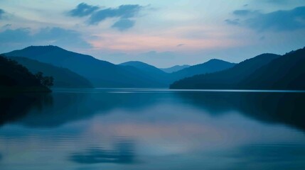Fototapeta premium Serene Twilight View of Lakeside Landscape with Calm Water Reflection