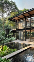 Serene Modern Home with Glass and Steel Exterior Surrounded by Nature