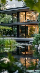 Obraz premium Serene Modern Home with Glass Steel Exterior and Natural Surroundings