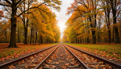 Fototapeta premium Autumn railway track bordered by colorful trees