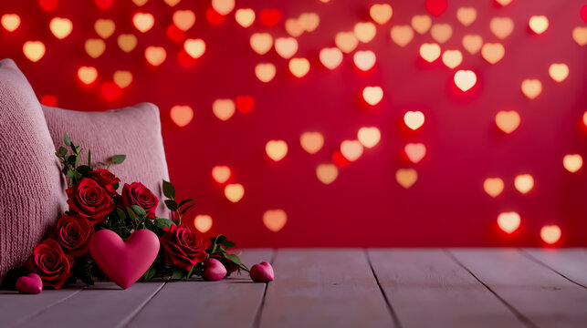A bouquet of red roses and a pink heart on a white couch