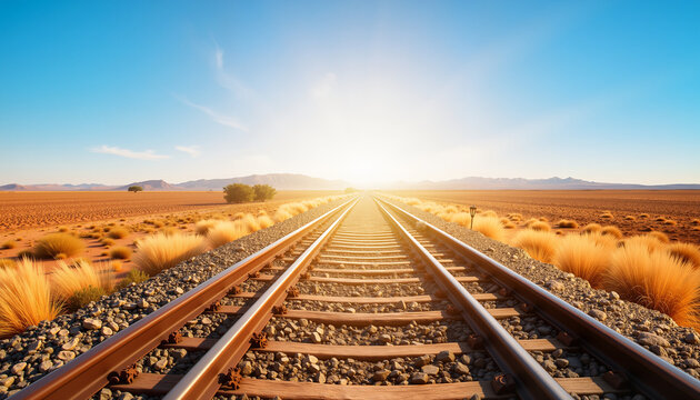 Sunset over railway tracks in desert landscape