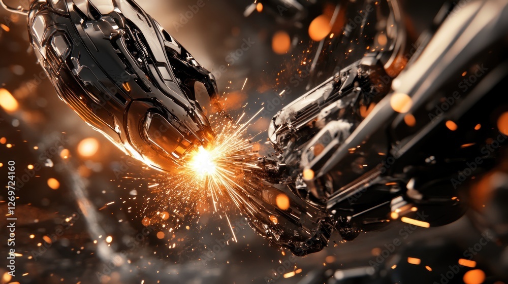 Poster robotic arms sparking during a futuristic welding process