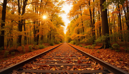 Naklejka premium Autumn forest with railway tracks under golden sunlight