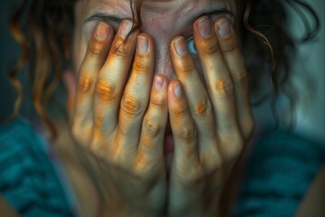 Obraz premium A poignant image capturing a person with curly hair covering their face with hands, conveying deep emotion and vulnerability, illustrating the human experience of distress.