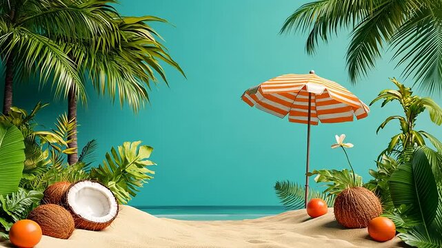 Tropical beach scene with coconut and orange fruits, a striped umbrella, and lush greenery
