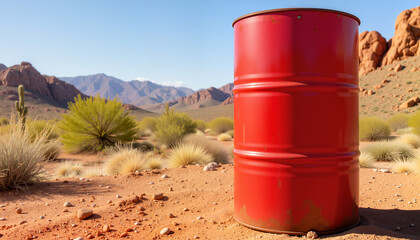 Obraz premium Red barrel in desert landscape with mountains
