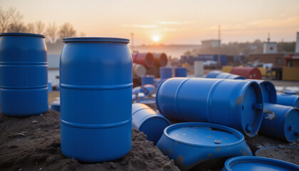 Blue barrels stacked at a sunrise industrial site