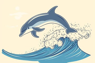 Obraz premium Cartoon-style outlined dolphin jumping over a simple wave.