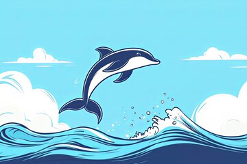 Obraz premium Cartoon-style outlined dolphin jumping over a simple wave.