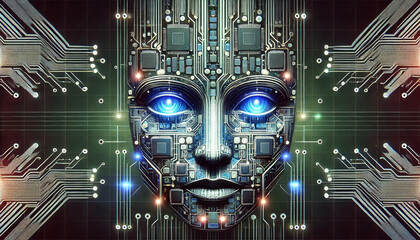 Futuristic AI face with circuit board elements
