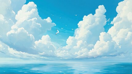 Serene Seascape Under a Cloudy Sky With Birds