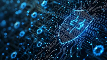 Sleek Modern Artwork Featuring Circuit Patterns and Blue Glow