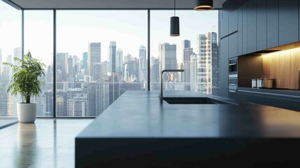 Sleek Modern Kitchen Countertop in High Rise Apartment with View
