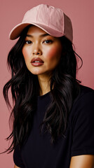 Naklejka premium A woman with long black hair wearing a pink hat