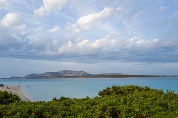 Fototapeta premium Isola Piana seen from La Pelosa beach in Stintino in Europe, Italy, Sardinia, Stintino, in summer, on a sunny day.