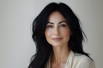 A gorgeous Middle Eastern woman in her mid-40s with deep black, silky hair. Close-up of her beaming with confidence, glowing skin, and a joyful expression. white background.

