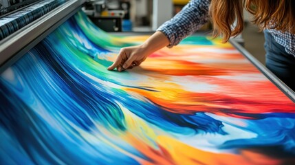 Woman inspecting large format printed artwork with vibrant colors
