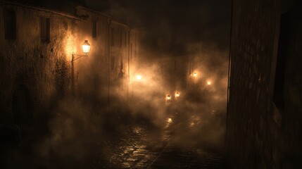 Foggy Night Street Scene Ancient Buildings Illuminated