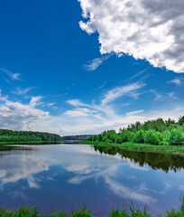 Calm lake with a blue sky in the background