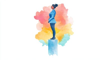A confident woman standing on a pedestal, inspiring leadership and empowerment.