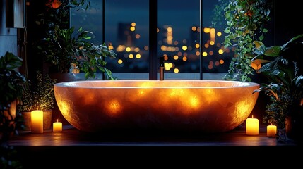Nighttime city view, relaxing bath, candles, plants