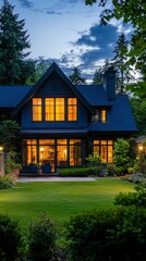 Charming Suburban Home Exterior at Twilight with Warm Lights