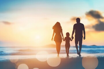 A beautiful family walking hand in hand along a peaceful beach at sunset, emphasizing love, unity, and the cherished moments shared during a serene evening by the sea.