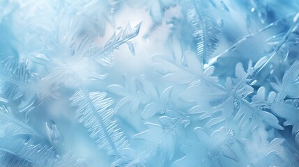 Winter’s Delicate Artistry. Close-Up of Intricate Snowflake Crystals on Blue Gradient Background. Frost, frozen surface, window. Ice, icy pattern, texture