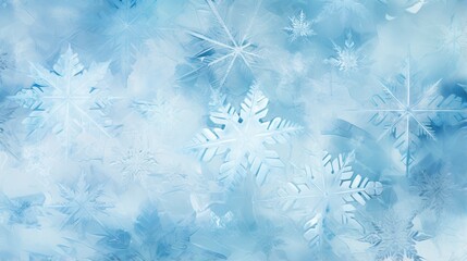 Winter’s Delicate Artistry. Close-Up of Intricate Snowflake Crystals on Blue Gradient Background. Frost, frozen surface, window. Ice, icy pattern, texture