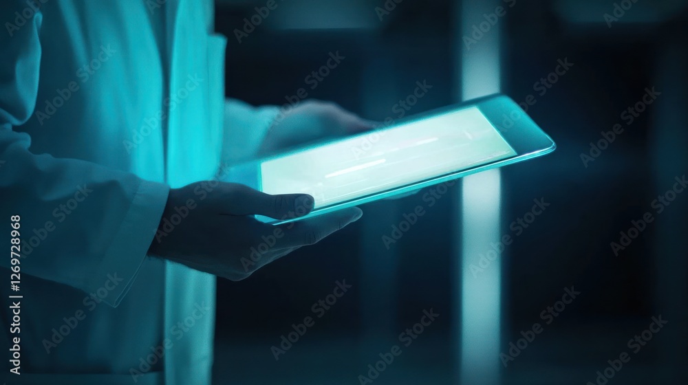 Poster scientist in lab coat reviews data on a glowing tablet